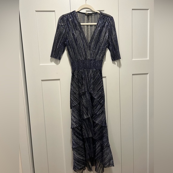 Maje Paris Full Lamé Dress with Ruffles Silver and Blue Sheer Back - Picture 4 of 11